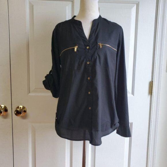 Calvin Klein Black Shirt Blouse Top Button Up Tab Sleeves WOMAN'S Women's Small - Picture 13 of 13